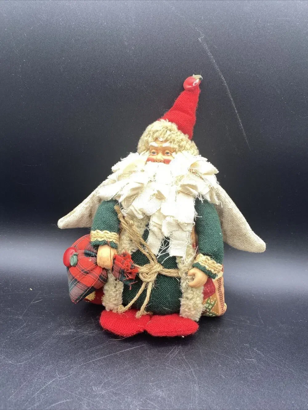Homemade Cloth Santa Angel With Bag. Hands And Face-Plastic 10”X 8” X 2”